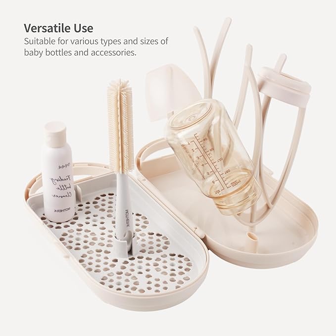 MOTHER-K Travel Baby Bottle Drying Rack Set - Baby Bottle Cleaner Kit with Mini Silicone Bottle Brush Portable Bottle Drying Rack for Home and Travel (Cream)