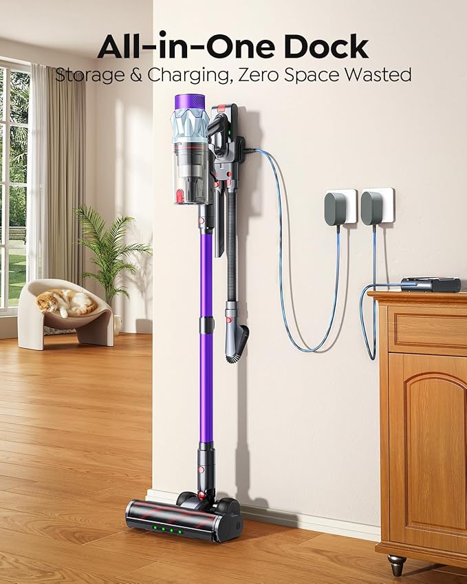 Replacement Battery and Cordless Vacuum Cleaner 65min/600W/50KPA Self-Standing Vacuum Cleaners for Home with 3.3Ft Hose &amp Auto Mode Wall Mount Charging