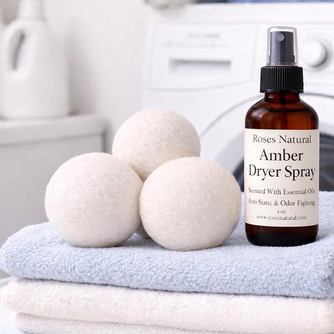 Wool Dryer Balls &amp Dryer Spray Bundle – 3 Reusable Dryer Balls + Plant-Based Essential Oil Dryer Spray Natural Fabric Freshener Anti-Static &amp Odor Fighting (Amber)
