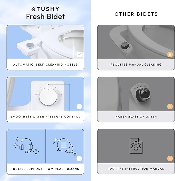 TUSHY Fresh Cool Water Bidet: Ultra Slim Toilet Seat Attachment (Non-Electric Self-Cleaning Hygienic Nozzle) Easy DIY Install &lt10 Min (Adjustable Water Pressure Control) Matte Brass Knob
