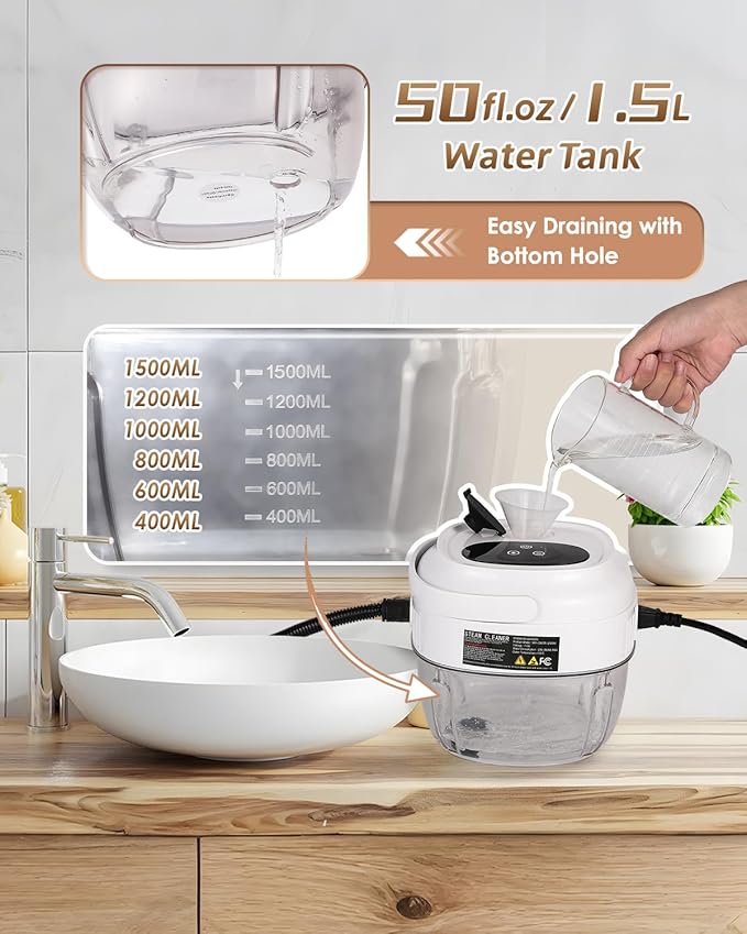 Handheld Steam Cleaner Touch Panel 2500W High Pressure Steamer for Cleaning Grout Tile Portable Steamer for Car Auto Home Small Power Cleaning Steamer with Drain Hole (White)