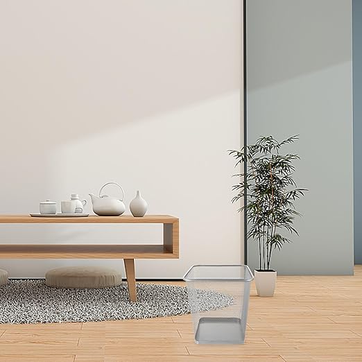 Mesh Trash Can with Iron Frame Ventilated Metal Wastebasket for Home and Office Small Silver Indoor Garbage Container for Dorms Bedrooms Kitchens and Study Rooms