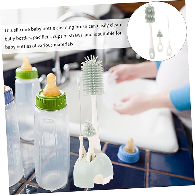 VICASKY 2pcs Silicone Bottle Cleaning Brush Set Rotating High-Temperature Resistant Flexible Bristles for Stain Removal for Milk Bottles and Water Containers Light Green