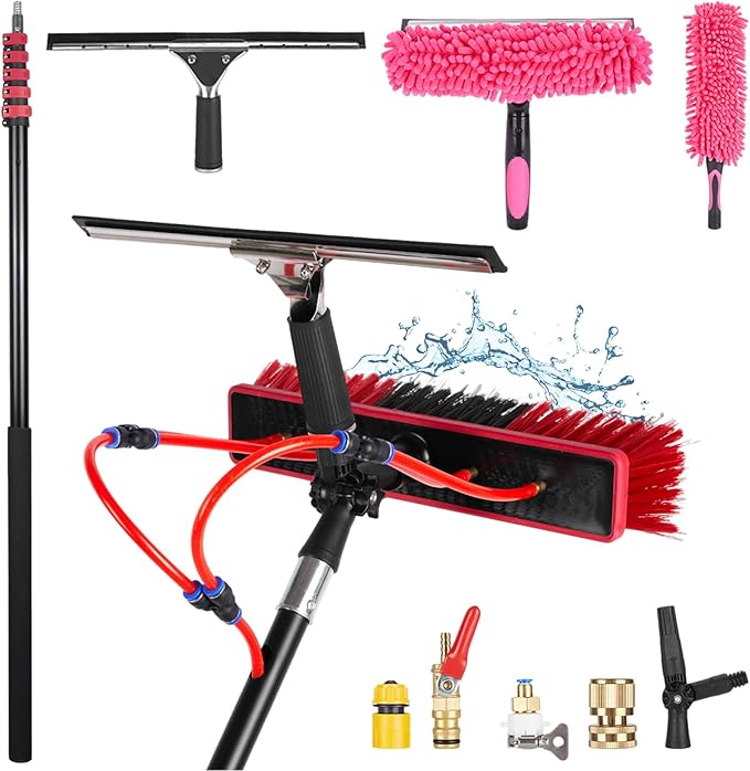 Glass Cleaning Brush Home Water Fed Telescopic Pole Kit Solar Panel Brush Rotating for Photovoltaic PanelWashing Kit: Water-fed Brush3.6-10.8 m Telescoping Pole Cobweb Duster and Squeegee