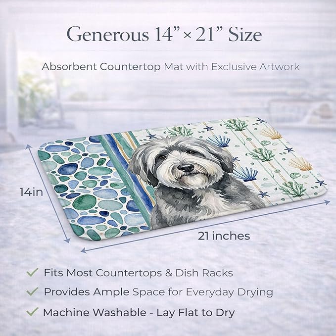 Caroline's Treasures Gray and White Old English Sheepdog Coastal Sea Glass Dish Drying Mat Absorbent Dish Drying Mat Pad for Kitchen Counter Dish Drainer Mat for Countertop 14 x 21 Multicolor