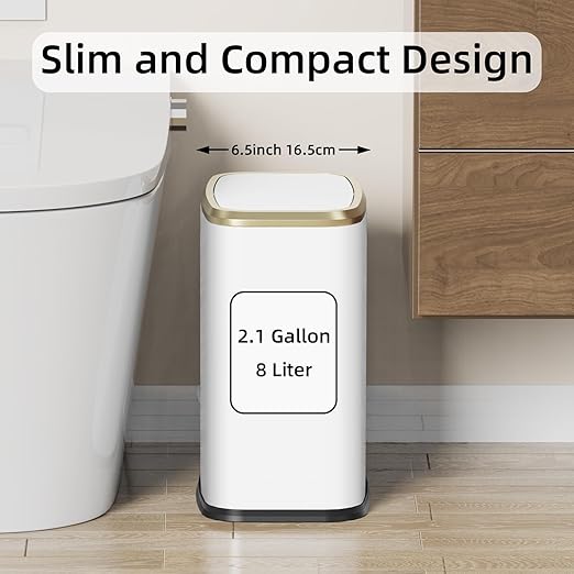 8L/2.1 Gallon Small Bathroom Trash Can with Lid Swing-Top Rectangular Waste Bin Stainless Steel Garbage Can for Home Office Toilet Bedroom Living-Room (White)