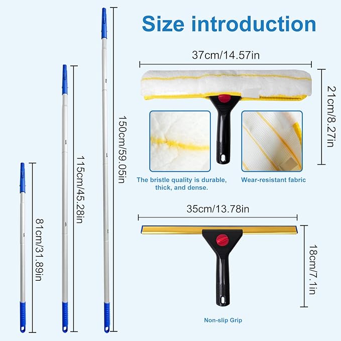 2 in 1 Window Squeegee &amp Squeegee Broom 13.78 Heavy Duty Floor Squeegee Mop with 59 Extension Pole &amp 2 Scrubbers Industrial Tile Floor Squeegee for Shower Glass Door Car Windshield