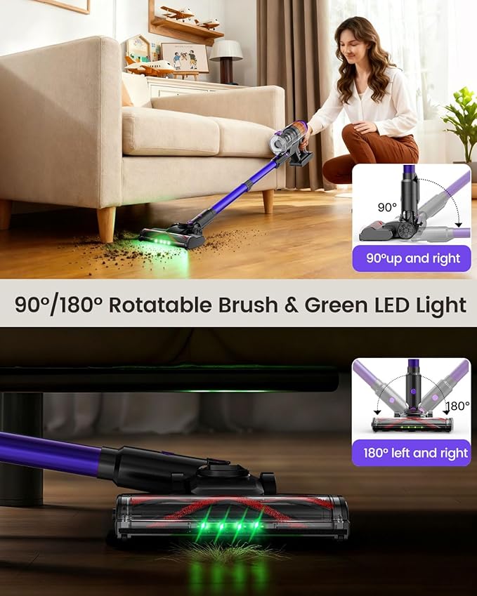 Cordless Vacuum Cleaner 500W Vacuum Cleaners for Home Pet Hair 60Mins Cordless Stick Vacuums with LED Display Anti-Tangle Lightweight Vacuum for Hard Floors CarpetPurple