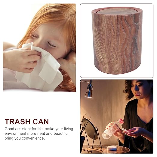 Wood Grain Small Trash Can with Swing Lid Medium Round Wastebasket Plastic Flip Lid Dustbin for Bathroom Kitchen Bedroom Home Office Use