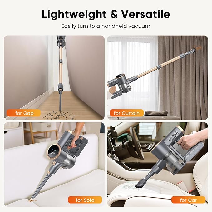 N12S Cordless Vacuum Cleaner 30KPa Powerful Vacuum with 60 Mins Runtime Self-Standing LED Display Rechargeable Lightweight Handheld Vacuum Cleaners