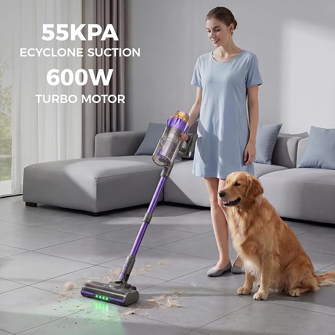 Cordless Vacuum Cleaner 1.8L Dustbin 600W 55kPa 70Mins Stick Vacuum Cleaners for Home with Pet Brush Self-Standing and Touch Screen Vacuum Cordless for Pet Hair/Hardwood/Carpet/Car
