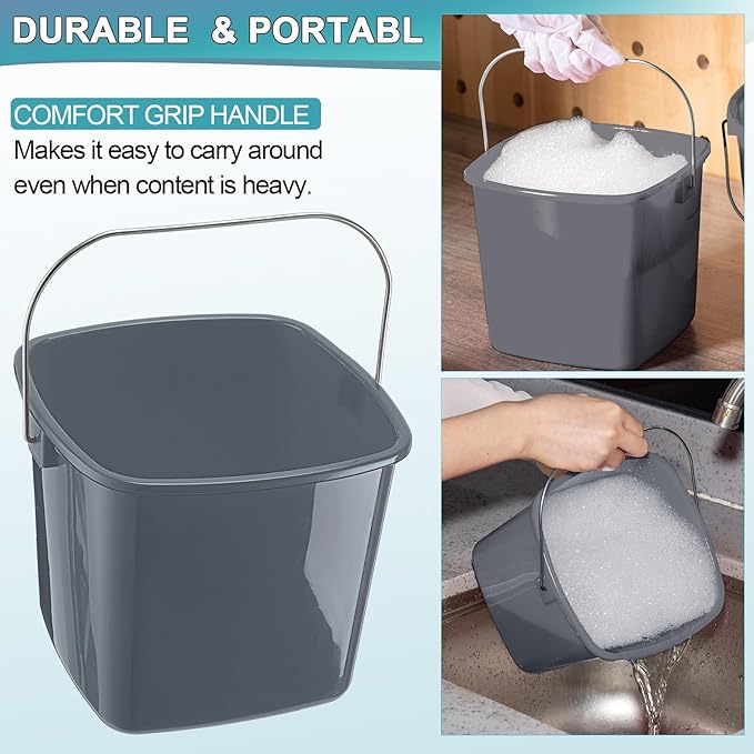 Zhehao 6 Pcs 3 Quart Bucket for Cleaning Small Sanitizer Bucket for Restaurant Square Plastic Pail with Handles for Home Offices Commercial Use Food Service(Gray)