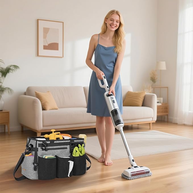 Wearable Cleaning Caddy Bag for Cleaning SuppliesLarge Capacity Cleaning Organizer Grey