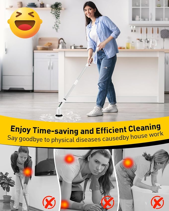 Electric Spin Scrubber for Cleaning Bathroom Shower Scrubber Cordless Cleaning Brush with IPX7 Waterproof &amp 2 Speed 3 Brush Heads Bathroom Cleaning Supplies for Shower Tub Kitchen Tile Toilet W