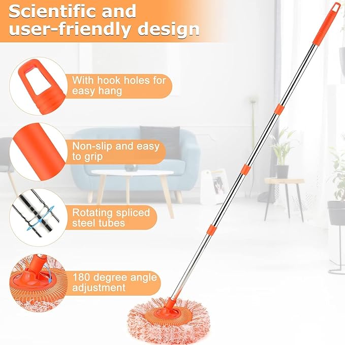 61 in Adjustable Cleaning Mop Dolodomy 180° Rotatable Mops for Floor Cleaning with 4 Reusable Heads 2 Fabrics Wall Mop for Floor Door Window Ceiling and Bathroom