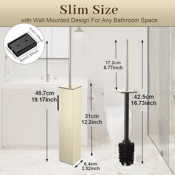 Toilet Brush and Holder Wall Mounted Brushed Gold Aluminum with 2 Replaceable Heads Bathroom Toilet Brush Drill or 3M Adhesive Mount Removable Liner and Splash Guard Modern Square Design