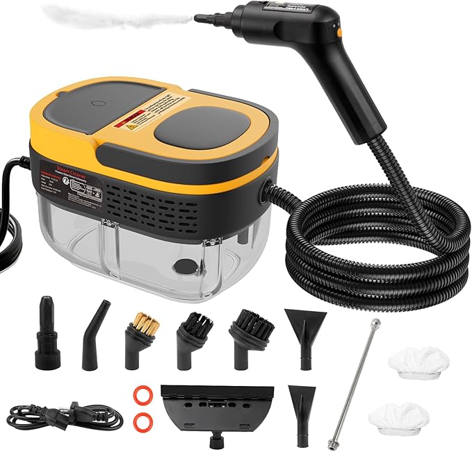 Steam Cleaner - 3-Level Adjustable Handle 15s Heat-Up - Steaming cleaner with 10pcs Accessories - Portable Steam Cleaner for Home for Car Dirt Grease Grout Tile Floor Couch Furniture-Yellow