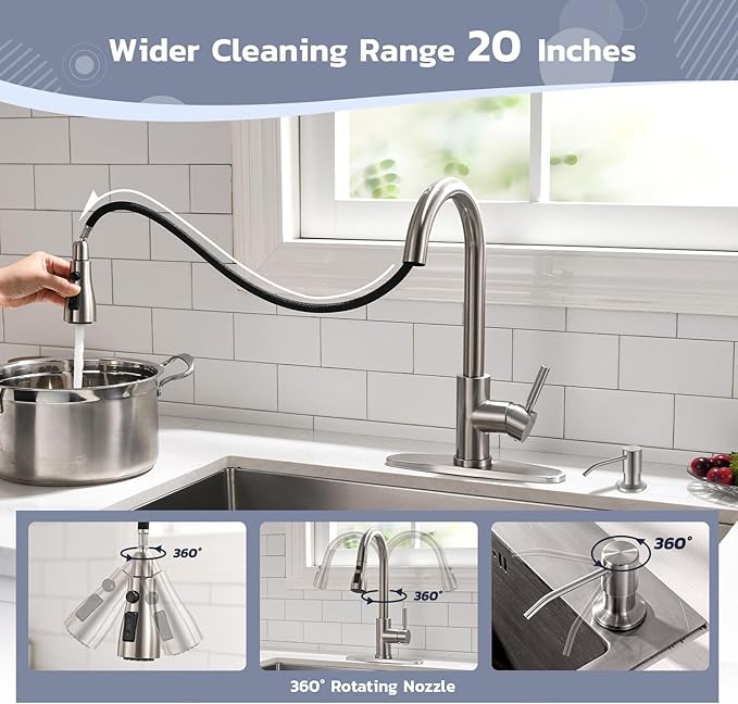 WEWE Kitchen Sink Faucet with Soap Dispenser Kitchen Faucet with Pull Down Sprayer 3 Modes Stainless Steel Single Handle Single Hole Pull Out Brushed Nickel Faucet for Bar Laundry RV Utility Sink