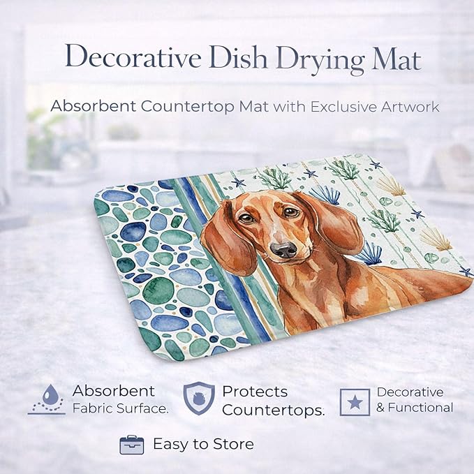 Caroline's Treasures Red Brown Dachshund Coastal Sea Glass Dish Drying Mat Absorbent Dish Drying Mat Pad for Kitchen Counter Dish Drainer Mat for Countertop 14 x 21 Multicolor