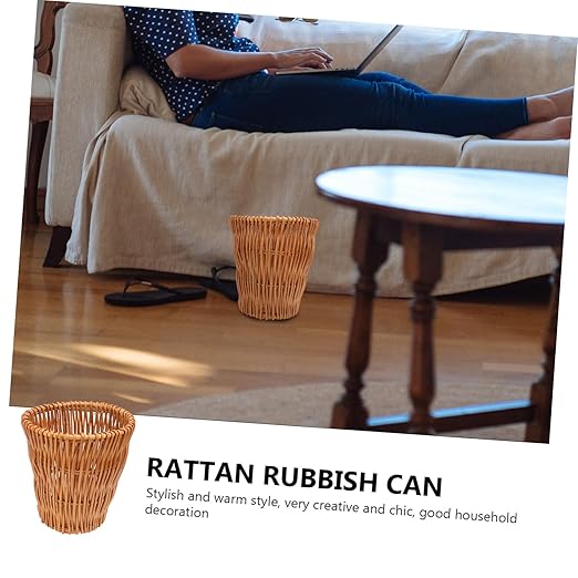 1PC Wicker Woven Trash Can Storage Basket for Home Office and Bathroom Compact Design Versatile Wastebasket Stylish Rattan Waste Container Height