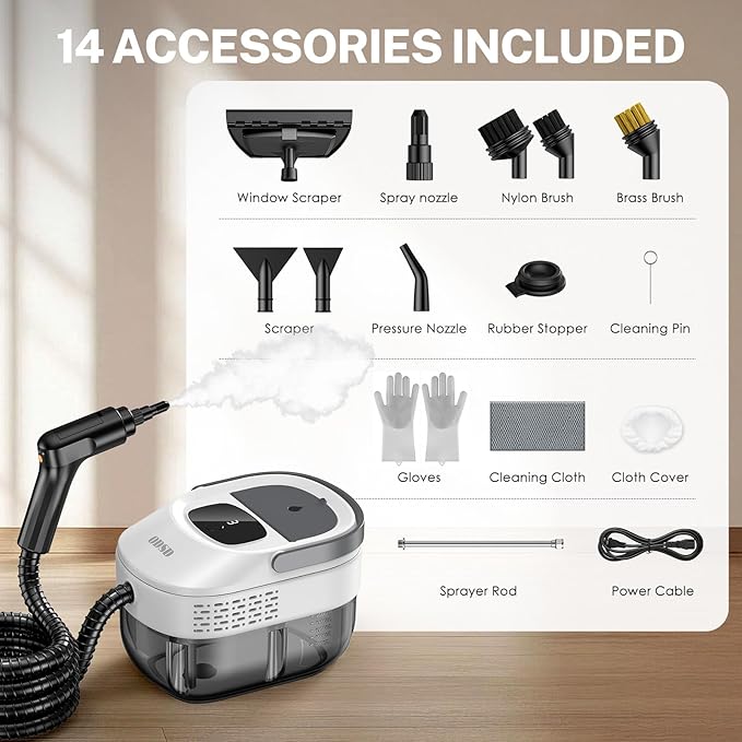 ODSD Steam Cleaner for Home &amp Car 3-Level Adjustable Steamer for Cleaning 15s Heat-Up &amp 1.6L Large Tank Handheld Steam Cleaner for Car Detailing Home Tile Grout Furniture with 15pcs Acc