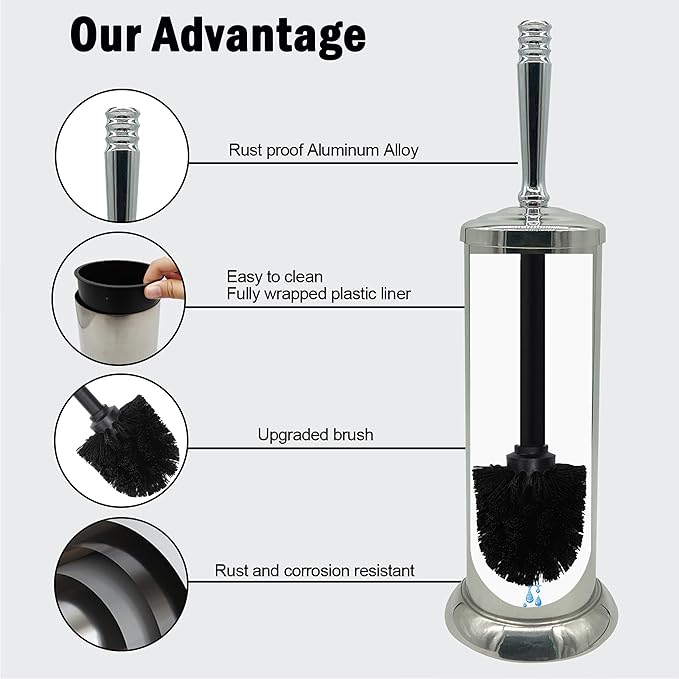 Silver Chrome Toilet Bowl Brush with Holder with Removable lastic Liner Durable Bathroom Cleaning Tool Bathroom Cleaner Brush for Efficient Cleaning and Hygiene