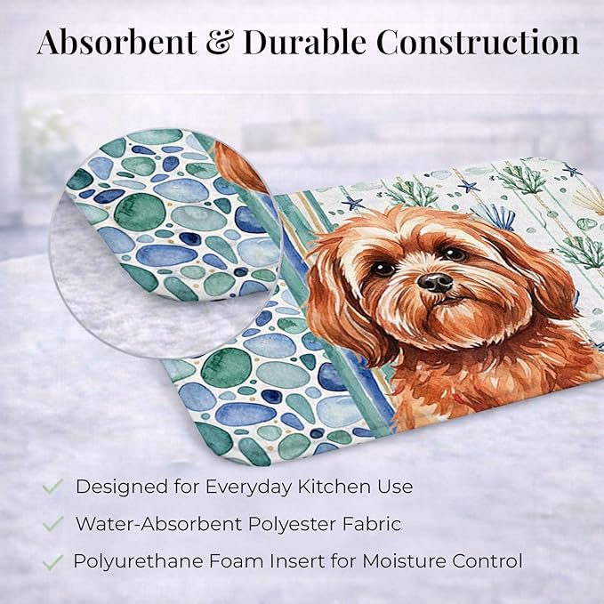 Caroline's Treasures Red Lhasa Apso Coastal Sea Glass Dish Drying Mat Absorbent Dish Drying Mat Pad for Kitchen Counter Dish Drainer Mat for Countertop 14 x 21 Multicolor
