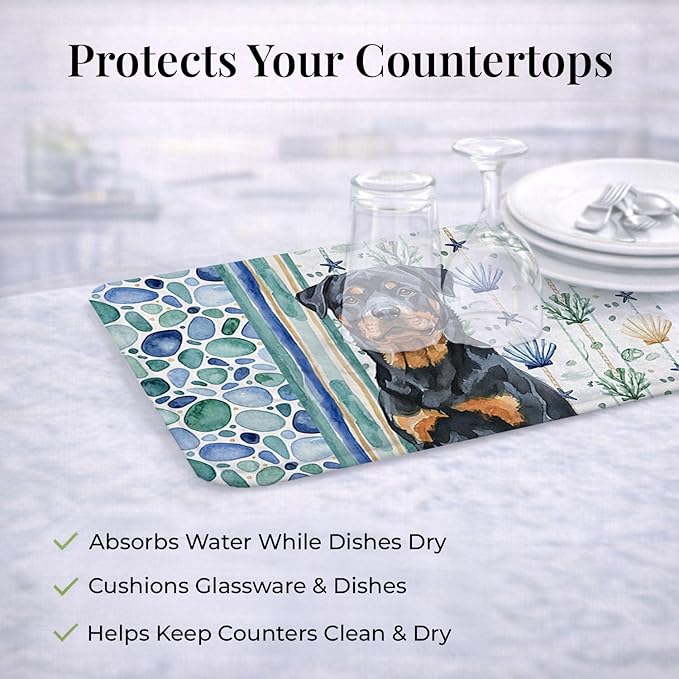 Caroline's Treasures Rottweiler Coastal Sea Glass Dish Drying Mat Absorbent Dish Drying Mat Pad for Kitchen Counter Dish Drainer Mat for Countertop 14 x 21 Multicolor