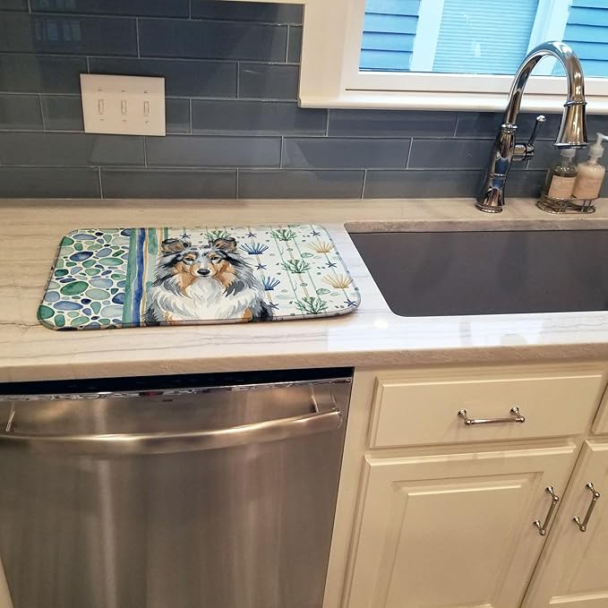 Caroline's Treasures Blue Merle Sheltie Coastal Sea Glass Dish Drying Mat Absorbent Dish Drying Mat Pad for Kitchen Counter Dish Drainer Mat for Countertop 14 x 21 Multicolor