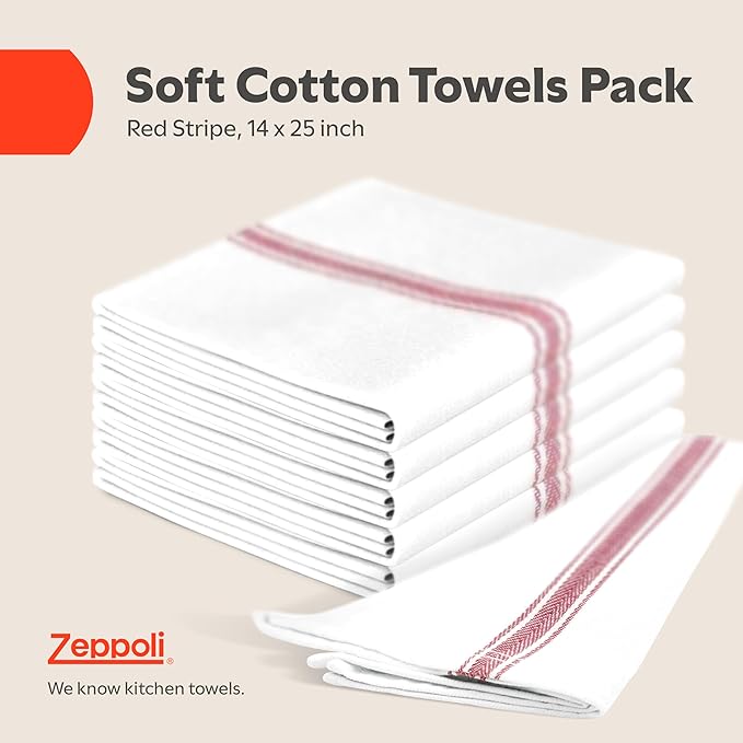 Zeppoli Classic Kitchen Towels -15 Pack 100% Natural Cotton Towel Set Reusable Wash Cloths Absorbent Dish Towels Machine Washable Hand Towels Kitchen Essentials - 14 by 25 - Red Striped