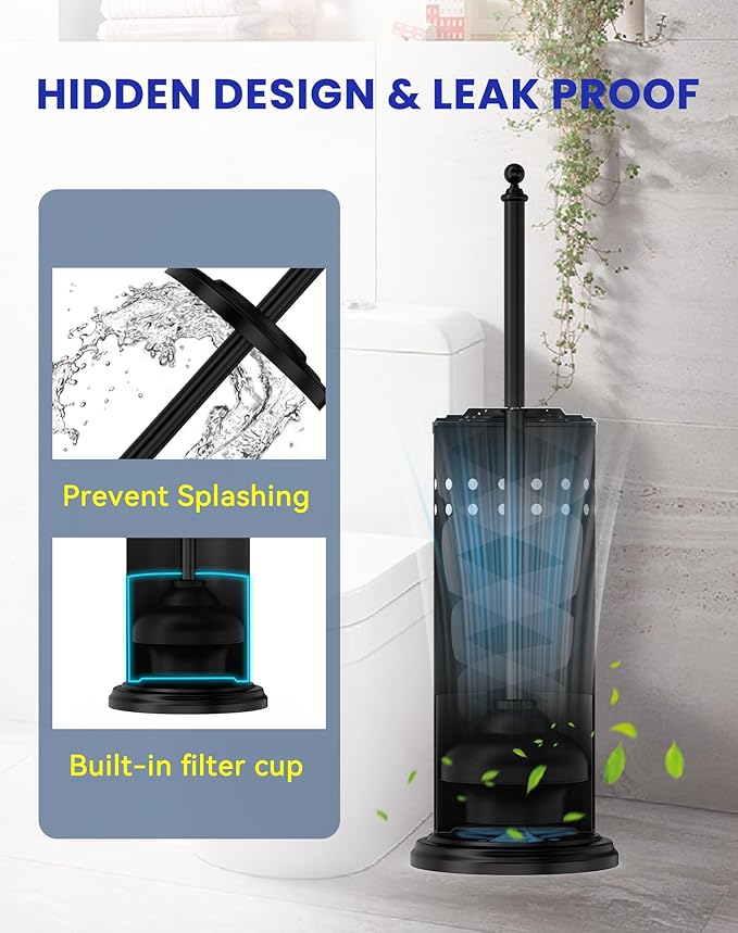DOWRY Anti-Hand Off Toilet Plunger with Holder for BathroomPowerful Efficient Force Suction CupHeavy Duty Deep Cleaning Black