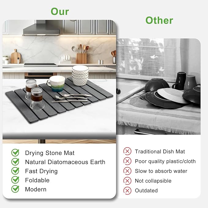 Stone Drying Mat for Kitchen Counter24x16 Large Dish Drying MatStone Bath MatQuick Drying Fast Absorbent Diatomaceous Drying Matt Kitchen Counter for Dishes Bottles Cups Bathroom Any Countertop