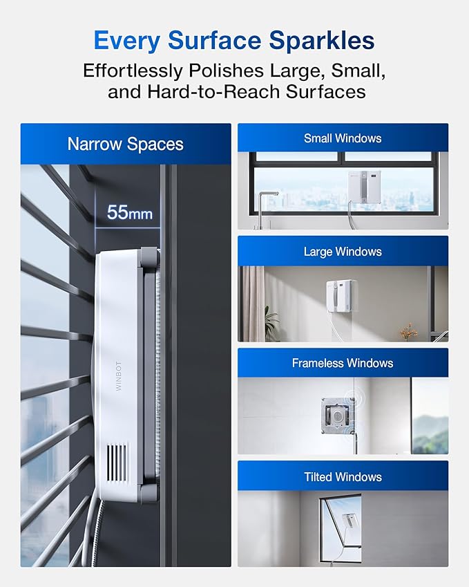 ECOVACS WINBOT Mini Window Cleaning Robot - Compact Design Dual Nozzles with Ultrasonic Spray 9-Stage Protection System Intelligent Path Planning 3 Cleaning Modes Anti-Slipping System
