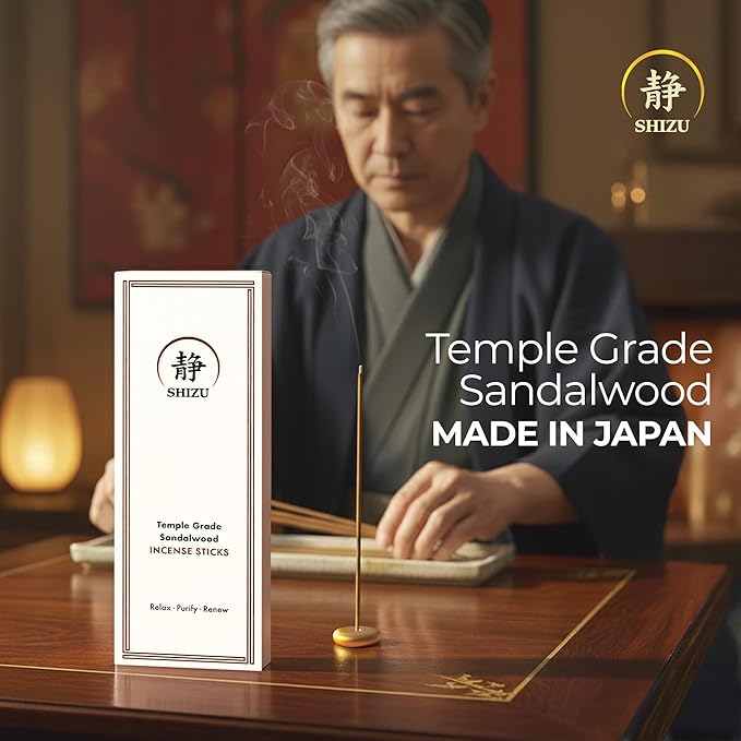 Shizu Sandalwood Incense Sticks – Artisanal Temple Grade Japanese Incense with Brass Holder – Calming Scent for Relaxation Meditation &amp Home Spa Elegant Gift Set (60 Sticks)