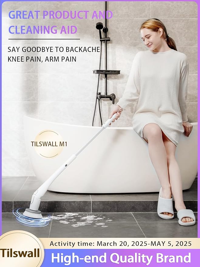 Tilswall Cordless Electric Spin Scrubber - IPX7 Waterproof Cleaning Brush with 180Min Runtime &amp 43 Extendable Handle Ideal Gift for Home/Bathroom/Car (Includes 4 Brush Heads)