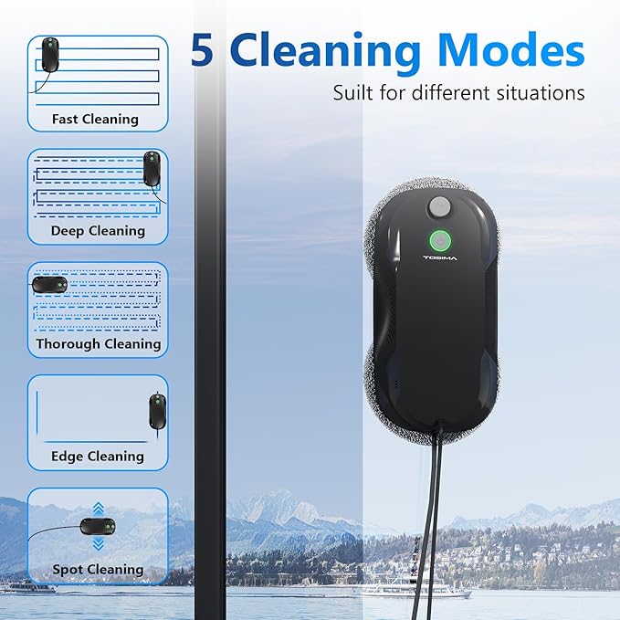 Tosima W5 Window Cleaning Robot Dual Direction Auto-Spray Smart Window Cleaner with Triple Safety System Smart Navigation Remote Control for All Smooth Surfaces with 8 Rags Black