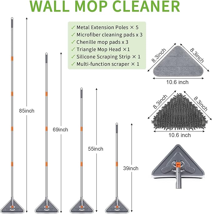 Long Handle Wall Mop 85 Inch Wall Cleaner Ceiling Duster Extension Pole 39 to 85 360° Rotatable Baseboard Wall Window Duster Dry Dust /Wet Wash Cleaning Tool with 6 Replacement Chenille Pads