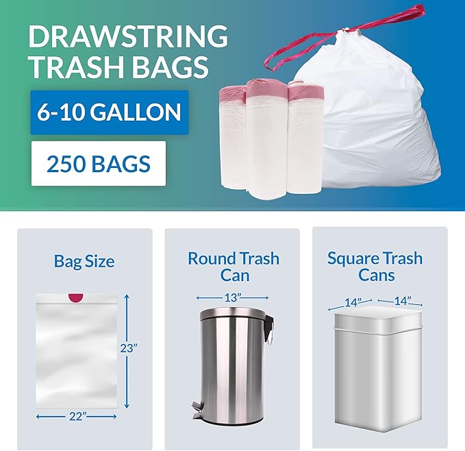 6-10 Gallon Trash Bags Drawstring | 250 Count | 22x23 | 6 8 10 Gallon Drawstring Garbage Bags | White Trash Can Liners | Small - Medium