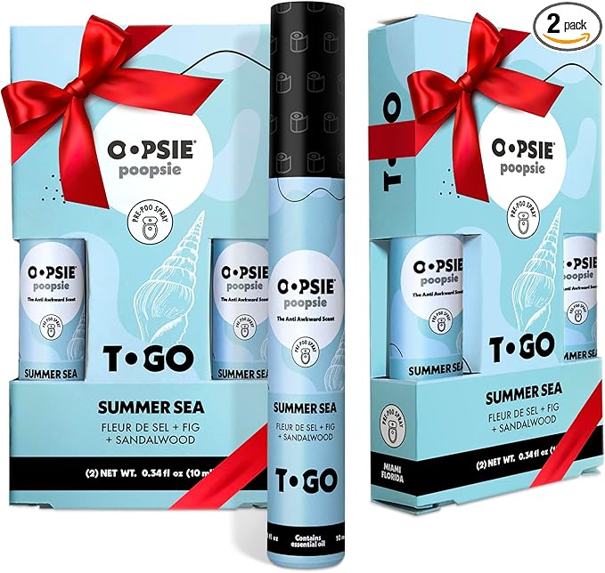 Oopsie Poopsie Before-You-Go Toilet Spray Travel Essentials Each Up to 50 Uses On-The-Go Bathroom Odor Deodorizer with Essential Oils TSA Approved Size Summer Sea 4 Pack 0.34 Fl Oz