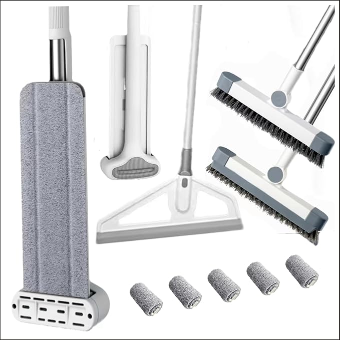 Hands-Free Self Wringing Cleaning Flat Mop - Microfiber with 6 x Washable PadsFloor Scrub BrushFloor Squeegee (1 Mop+6 Microfiber Pads +1 Brush+1 Glass Wiper)