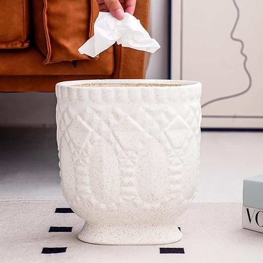 Bathroom Trash Can Ceramic Wastebasket Garbage Container for Bathroom Bedroom Dorm College Office Beige-White Decorative Compact Trash Can