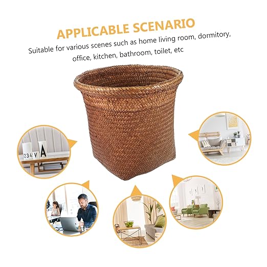 VALICLUD 1Pc Straw Woven Wastebasket Rustic Trash Can for Paper Rubbish Decorative Storage Bin for Bathroom Bedroom Office Hand Woven Design