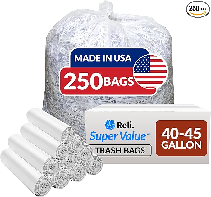 Reli. 40 to 45 Gallon Trash Bags Heavy Duty | 250 Trash Bags | Super Sizeable Clear Garbage for Serious Cleanup