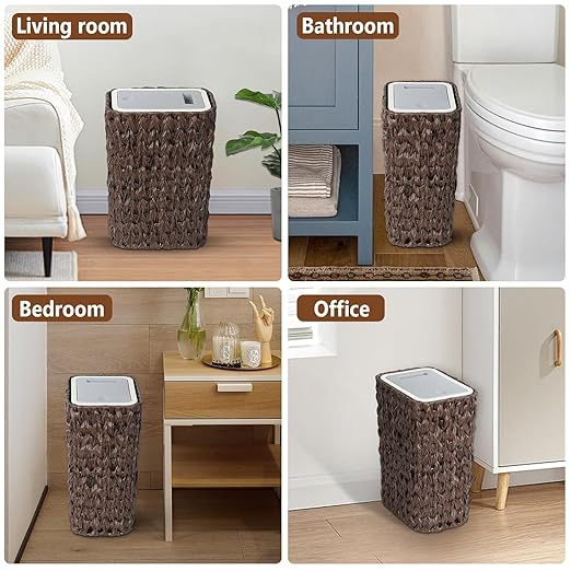 Bathroom Small Trash Can with Lid2.6 Gallon Small Garbage Can with Rattan Basket Slim Wicker Wastebasket Trash Can Press Top Lid for BathroomKitchenOfficeLiving RoomBedroom Brown