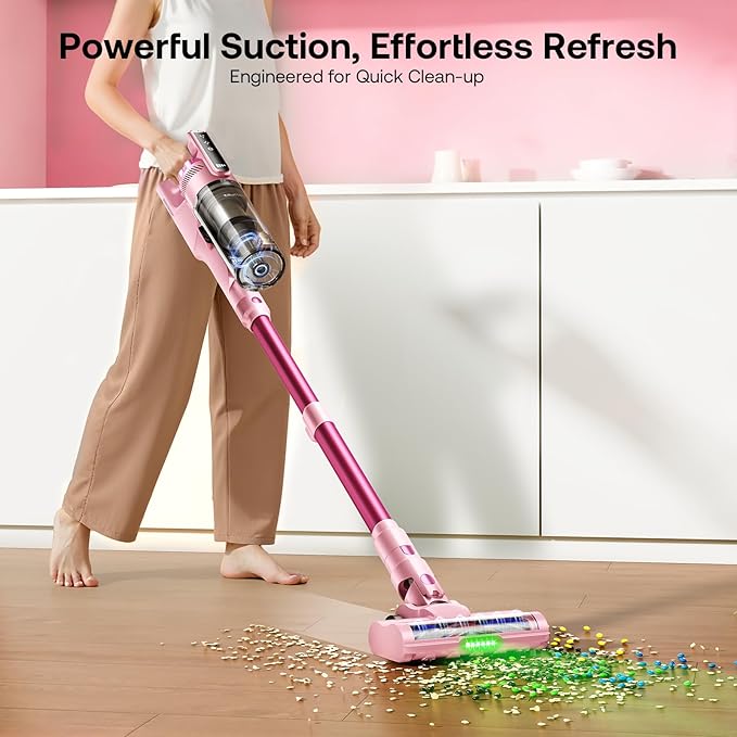 Trucozie Cordless Vacuum Cleaner Self-Standing Lightweight Stick Vacuum with 50 mins Runtime Powerful Suction Anti-Tangle Wireless Vacuum for Home Hardwood Floor Carpet Pet Hair Pink