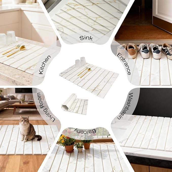 Stone Drying Mat for Kitchen Counter 24x16 Inch Foldable Diatomaceous Earth Stone Sink Fast Absorbing Dish Drying Mats for Dishes Bottles Cups Match any Countertop (White 24x16 Inch)