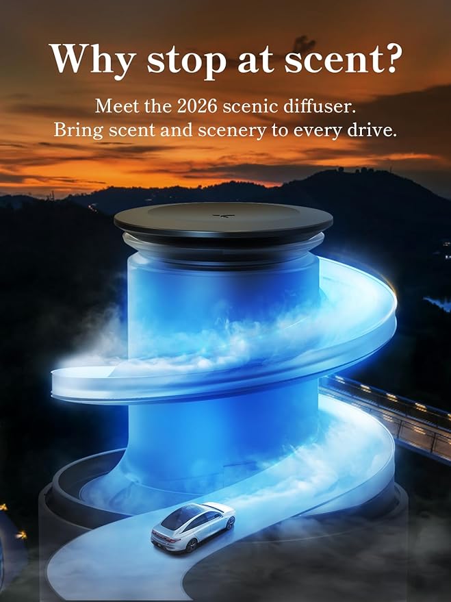 Torras Smart Car Air Freshener Diffuser CF18 Landscape Car Diffuser Auto On/Off 3 Modes Ambient lights 1100mAh Built-in Battery Perfume Natural Fragrance Lasts 3 Months