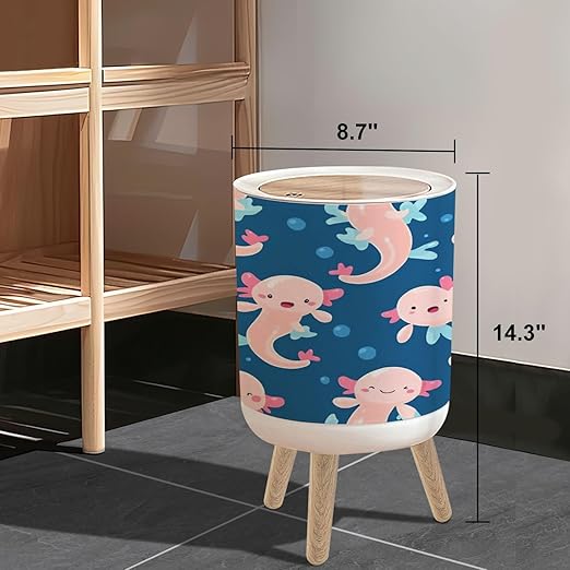 Small Trash Can with Lid axolotl kawaii seamless pattern baby amphibian cute animal drawn 1.8 Gallon/7L Garbage Can Waste Bin with Press Top Lid Wood Legs Wastebasket for Bathroom Kitchen Bedroom