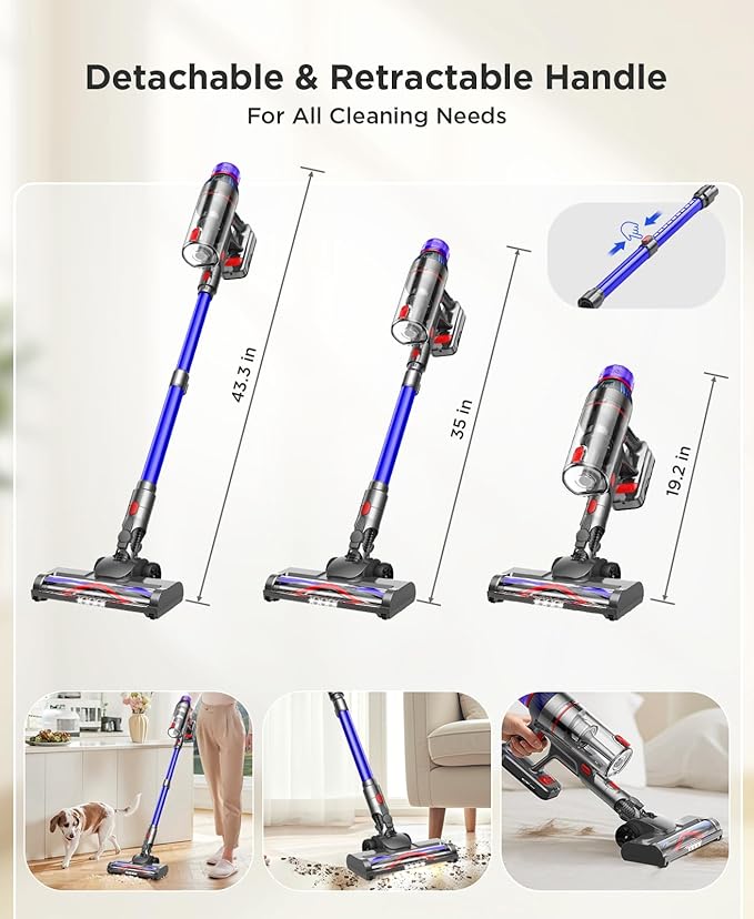 Cordless Stick Vacuum Cleaner for Home: Power Suction Vacuum Tangle-Free Lightweight Design &amp 2600mAh Detachable Battery Up to 50mins Runtime for Pet Hair Carpet Hardwood Floor