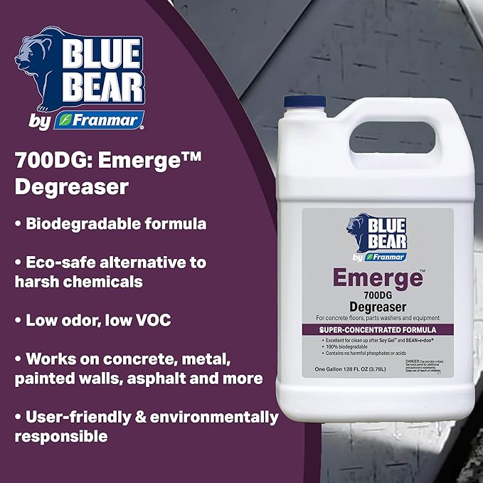 BLUE BEAR 700DG: Emerge Degreaser – Low-Odor Biodegradable Cleaner Removes Oil Grease Dirt &amp Grime from Concrete Tile Wood Stone &amp Tools – Safe for Heavy-Duty &amp Everyday Cleaning – 1